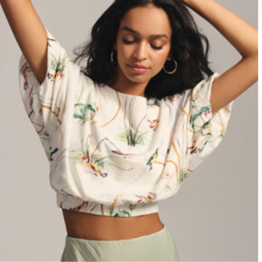 EUC Maeve By Anthropologie Bird Print White Top